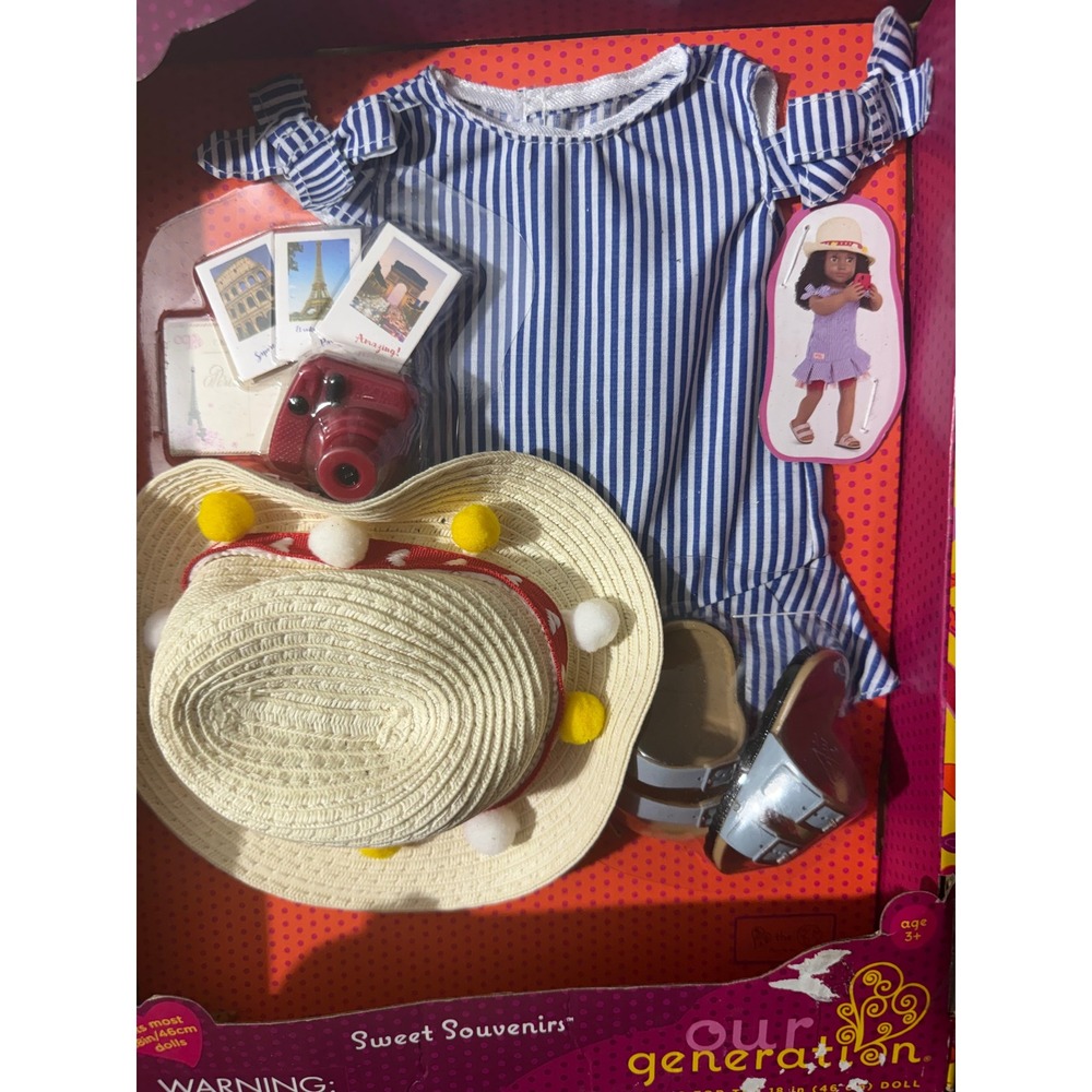 Our Generation Sweet Souvenirs 18" Doll Outfit Blue Striped Dress Hat Camera NEW - Picture 2 of 4